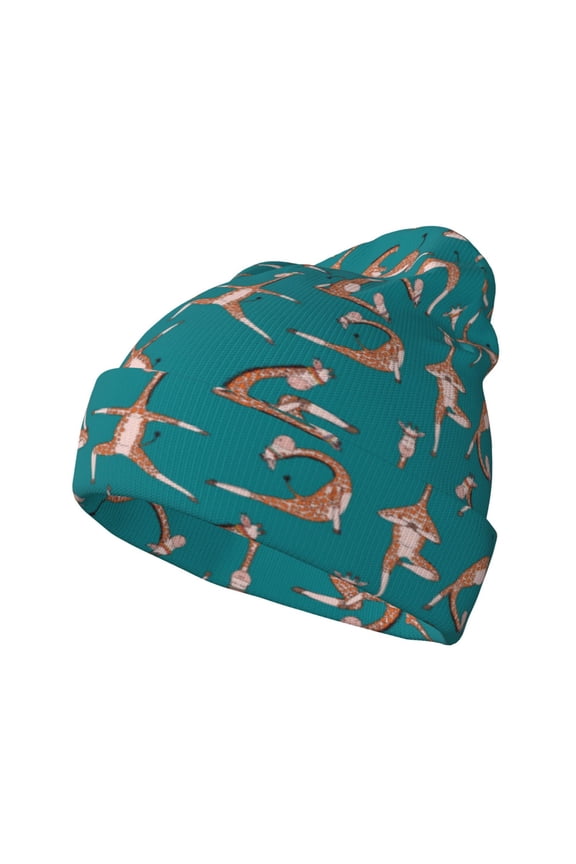 Giraffes Doing Various Yoga Pattern Knitted Beanie Hat for Men and Women , Unisex Winter Warm Stretchy Knit Cap Thick Fisherman Beanies Cuffed Plain Skull Caps