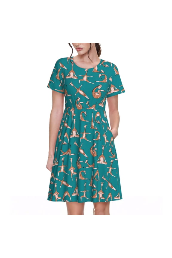 Giraffes Doing Various Yoga Pattern Women's Short Sleeve Summer Dress Pleated Loose Swing Knee Length Short Sleeve Swing Dresses