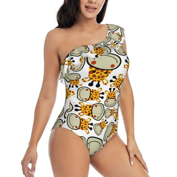 Picia Giraffes Head Pattern Women's One Piece Swimsuits,One Shoulder Swimwear Asymmetric ,Ruffle Monokinis Bathing Suits,High Waisted Flattering Bathing Suits-Medium