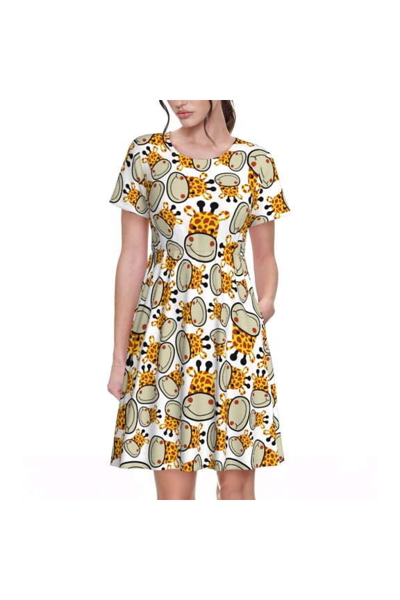 Giraffes Head Pattern Women's Short Sleeve Summer Dress Pleated Loose Swing Knee Length Short Sleeve Swing Dresses