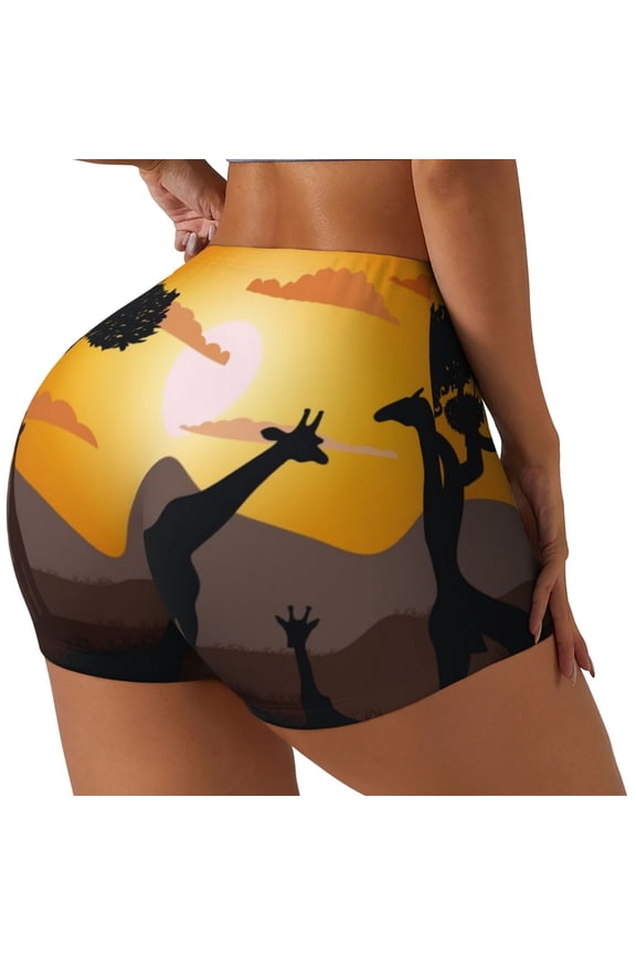 Giraffes Of The African Savannah Printed Workout Shorts for Women Seamless Scrunch Butt Lifting High Waisted Yoga Gym Booty Running Moisture-wicking Short Pants-Medium