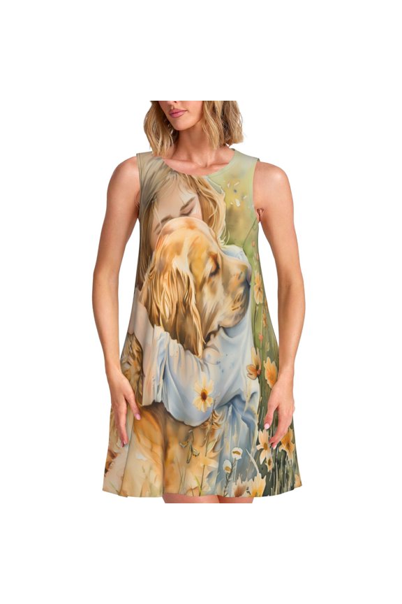 Girl Hugging Dog Flowers Print Women’s Sleeveless Midi Swing Dress – A-Line Pleated Tank Sundress, Comfortable and Flowy T-Shirt Dress