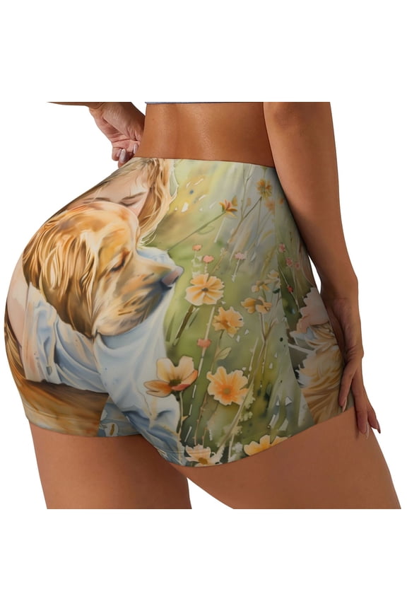 Girl Hugging Dog Flowers Printed Workout Shorts for Women Seamless Scrunch Butt Lifting High Waisted Yoga Gym Booty Running Moisture-wicking Short Pants-Medium