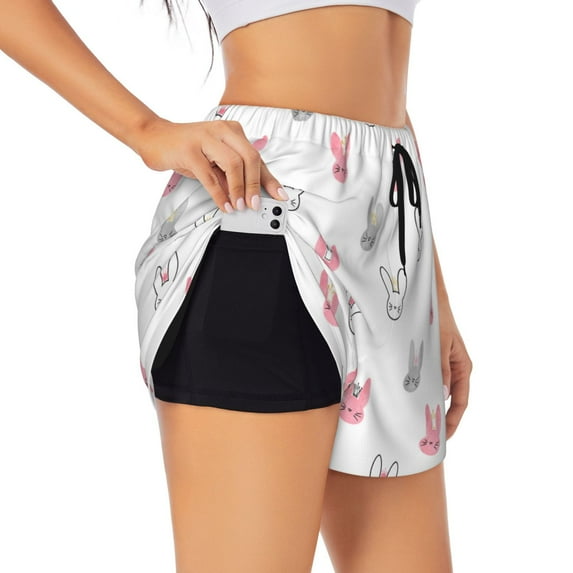 Picia Girl Rabbit Pattern Women's 2 in 1 Athletic Running Shorts High Waisted Workout Casual Gym Sweat Shorts with Comfy Liner Zipper Pockets-Medium