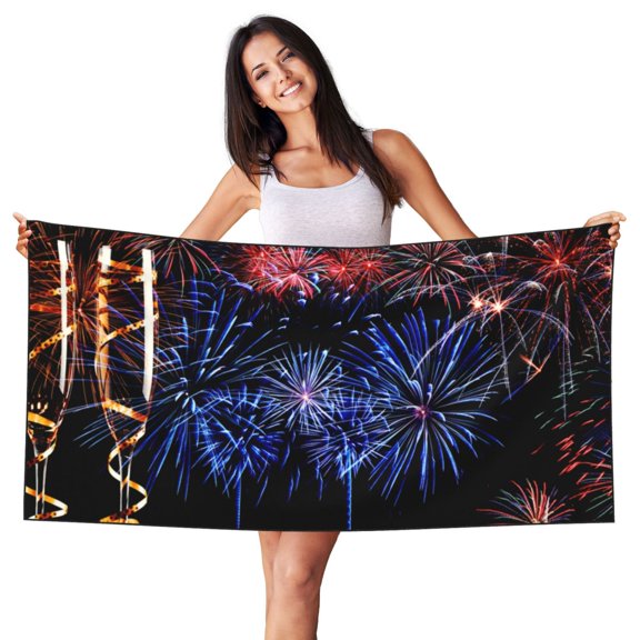Picia Glasses And Fireworks Print Silver Fox Velvet Beach Towel,Quick-Dry Beach Towel,Lightweight Travel Towel,Portable Beach Towels