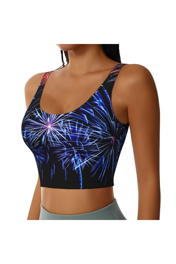 Glasses And Fireworks Sports Bra for Women,Padded Strappy Sports Bras Medium Support Yoga Bra with Removable Cups,Running Yoga Bra-Medium
