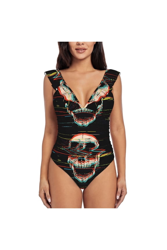 Glitch Screaming Skull Blooming Jelly Womens Tummy Control Bathing Suits Slimming Ruffle Swimsuit One Piece Lace Swimwear-