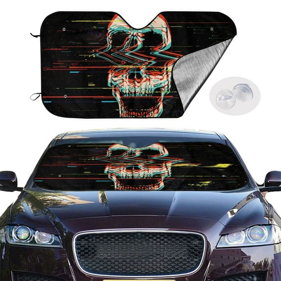 Picia Glitch Screaming Skull Curved Windshield Sunshade Accordion Folding Style Auto Shade for Car Truck SUV Van Blocks UV Ray Sun Visor Protector -Medium