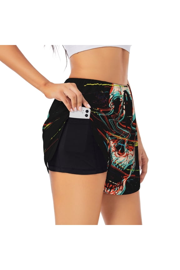 Glitch Screaming Skull Pattern Women's 2 in 1 Athletic Running Shorts High Waisted Workout Casual Gym Sweat Shorts with Comfy Liner Zipper Pockets-Large