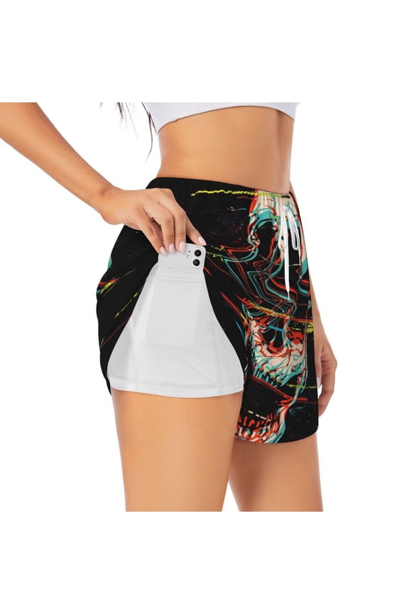 Glitch Screaming Skull Pattern Women's 2 in 1 Athletic Running Shorts High Waisted Workout Casual Gym Sweat Shorts with Comfy Liner Zipper Pockets-Small