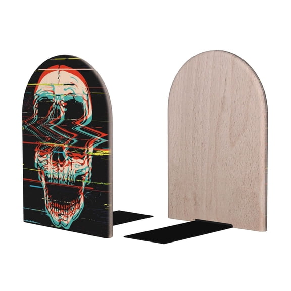 Picia Glitch Screaming Skull Pattern Wood Bookends for Shelves,Non-slip Bookends, Heavy Duty Wooden Bookend Support,1 Pair