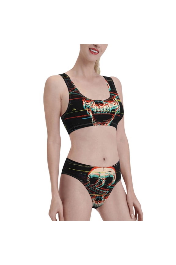 Glitch Screaming Skull Women's High Waisted Bikini Scoop Neck Swimsuit Two Pieces Bathing Suit-Medium