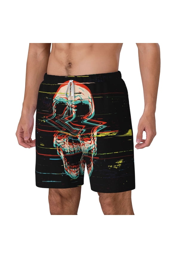 Glitch Screaming Skull pattern Mens Swim Trunks with Compression Liner Stretch Beach Shorts Quick Dry with Zipper Pockets No-Chafing Board Shorts-Small