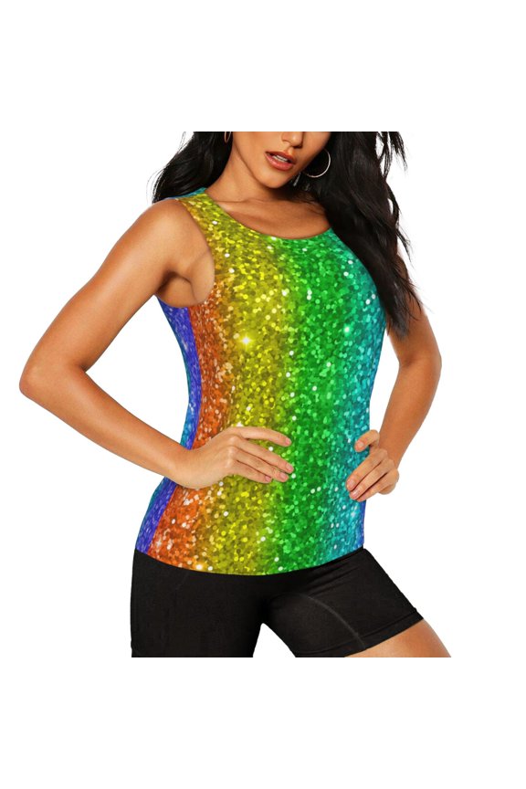Glitter Rainbow Pattern Women's Workout Tank Top,Breathable Activewear,Slim Fit Athletic Top,Versatile Workout Moisture-wicking top-Medium