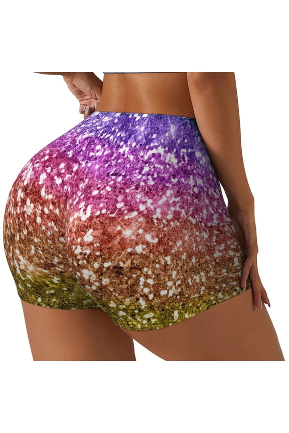 Glitter Rainbow Printed Workout Shorts for Women Seamless Scrunch Butt Lifting High Waisted Yoga Gym Booty Running Moisture-wicking Short Pants-XX-Large