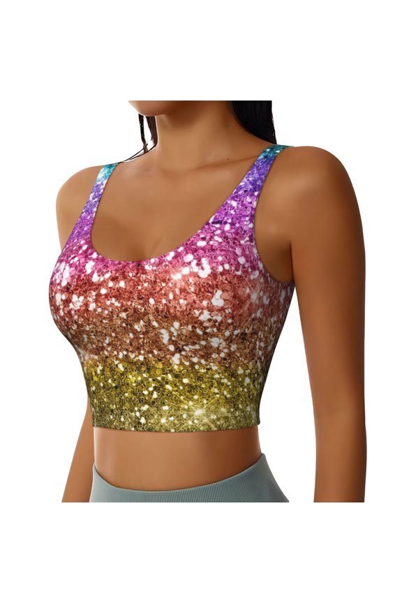 Glitter Rainbow Sports Bra for Women,Padded Strappy Sports Bras Medium Support Yoga Bra with Removable Cups,Running Yoga Bra-Large
