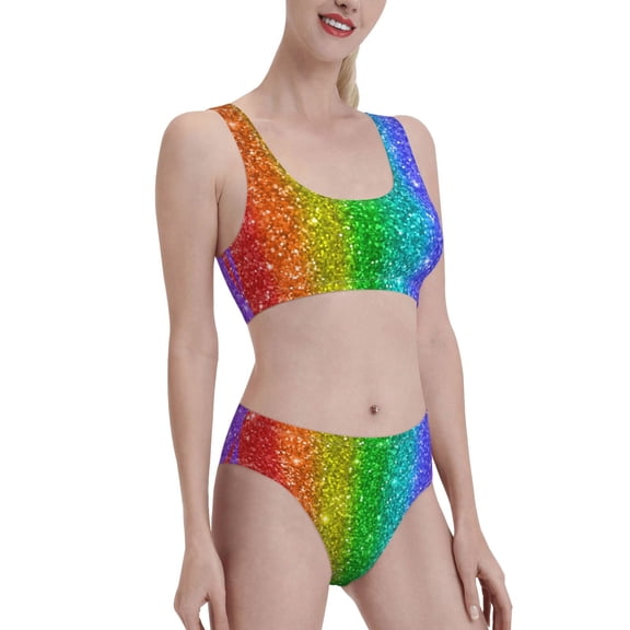 Picia Glitter Rainbow Women's High Waisted Bikini Scoop Neck Swimsuit Two Pieces Bathing Suit-Small