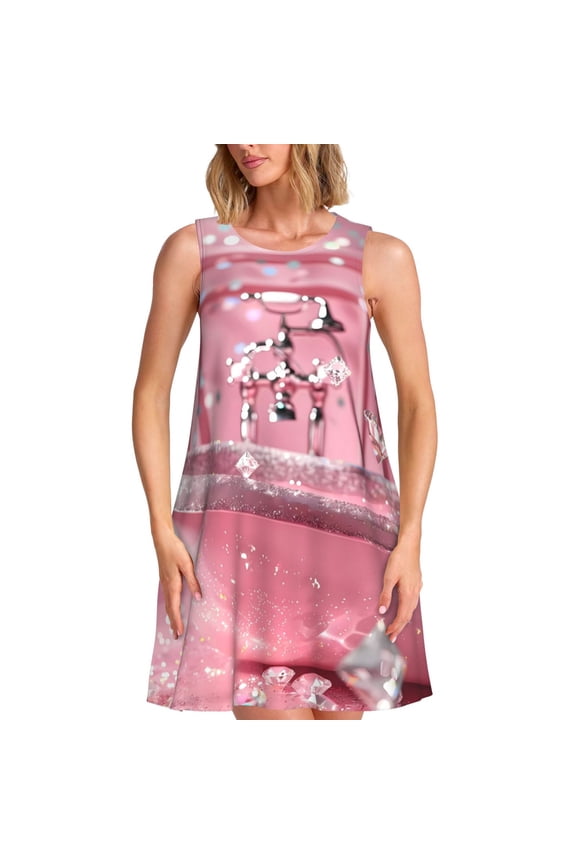 Glittering Pink Bathtub Print Women’s Sleeveless Midi Swing Dress – A-Line Pleated Tank Sundress, Comfortable and Flowy T-Shirt Dress