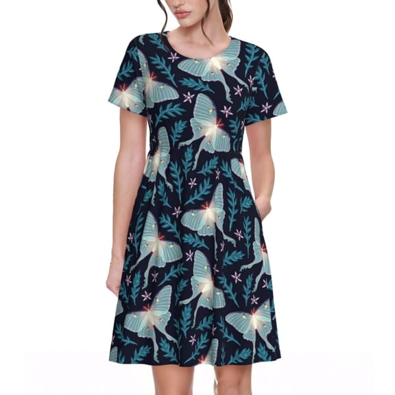 Picia Glowing Butterfly Pattern Women's Short Sleeve Summer Dress Pleated Loose Swing Knee Length Short Sleeve Swing Dresses