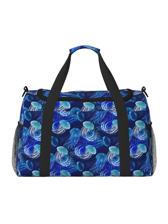 Glowing Jellyfish Pattern Print Travel Duffle Bag,Weekender Bags for Women with Shoe Compartment, Gym Duffel Bag with Wet Pocket, Hospital Bags for Labor and Delivery