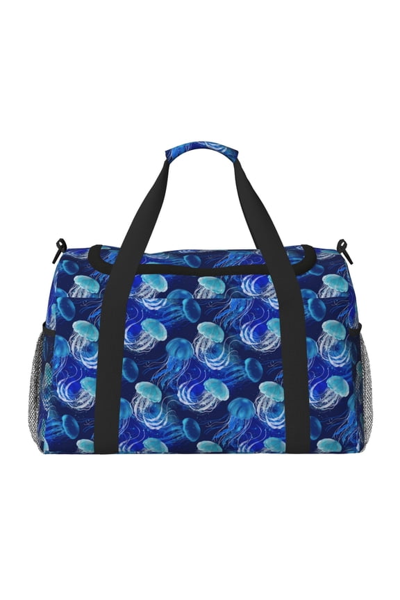 Glowing Jellyfish Pattern Print Travel Duffle Bag,Weekender Bags for Women with Shoe Compartment, Gym Duffel Bag with Wet Pocket, Hospital Bags for Labor and Delivery