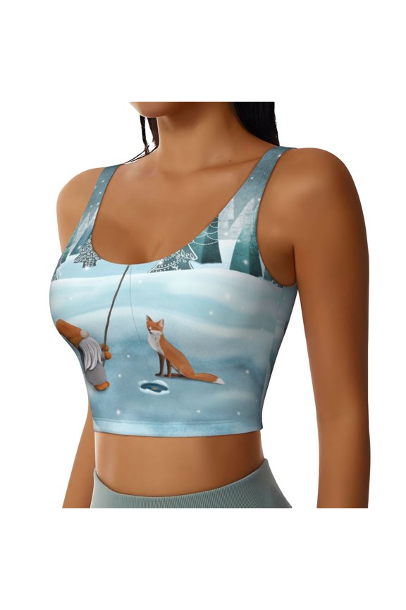 Gnome And Red Fox Fishing Sports Bra for Women,Padded Strappy Sports Bras Medium Support Yoga Bra with Removable Cups,Running Yoga Bra-X-Large