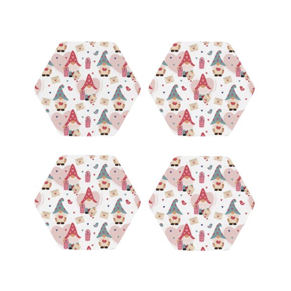Picia Gnome With Love Letter Printed Leather Coasters for Drinks, 4" Drink Coasters Set of 4 for Tabletop Protection, Handmade Luxurious Home Décor and Housewarming Gift -Hexagon