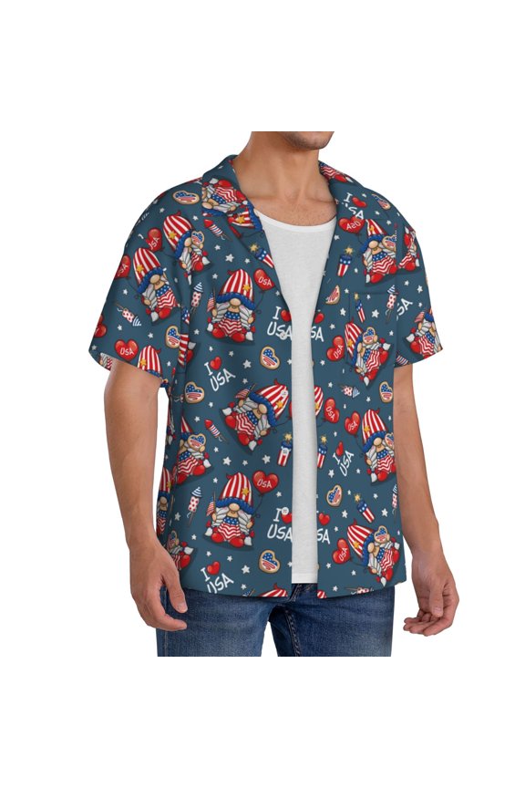 Gnome Love USA Men's Linen Shirts Short Sleeve Cuban Beach Shirts Casual Shirts Button Down Shirt for Men Beach Summer Wedding Shirt-4X-Large