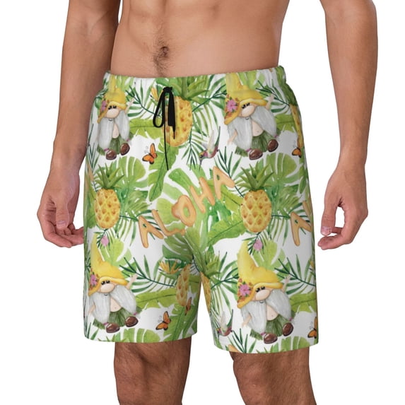 Picia Gnome and Pineapple pattern Mens Swim Trunks with Compression Liner Stretch Beach Shorts Quick Dry with Zipper Pockets No-Chafing Board Shorts-Medium