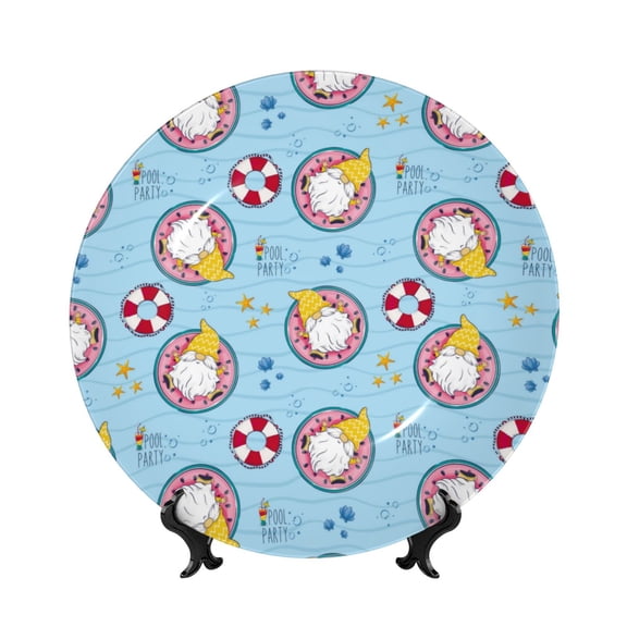Picia Gnome Pool Party Pattern Bone China Decorative Plate – Wall Decor with Stand and Adhesive, Elegant Ornament for Living Room, Office, or Entryway-6in