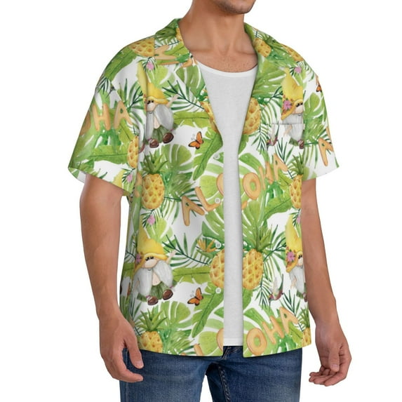 Picia Gnome and Pineapple Men's Linen Shirts Short Sleeve Cuban Beach Shirts Casual Shirts Button Down Shirt for Men Beach Summer Wedding Shirt-Small
