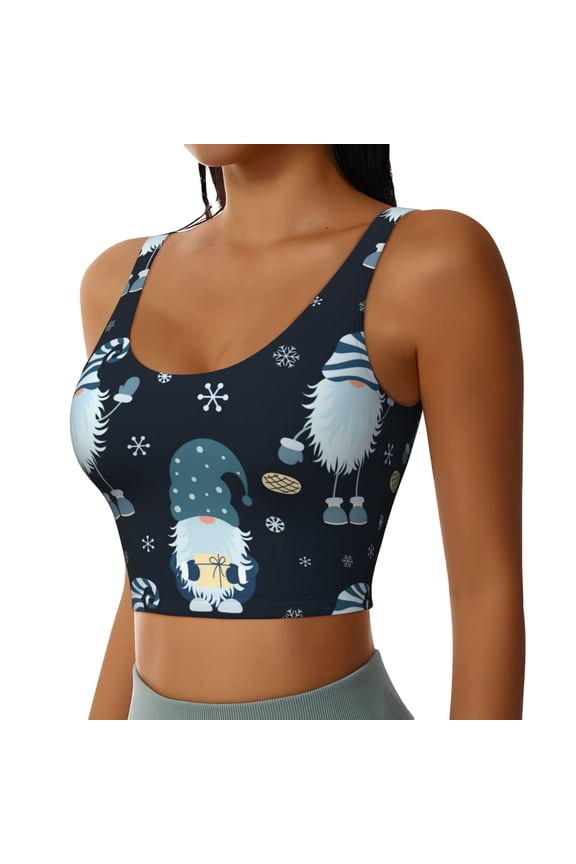 Gnome and Snowflakes Sports Bra for Women,Padded Strappy Sports Bras Medium Support Yoga Bra with Removable Cups,Running Yoga Bra-X-Large