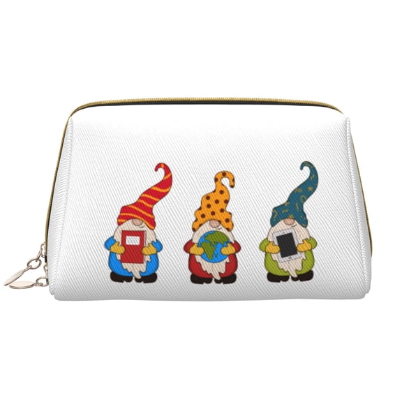 Picia Gnomes Are Holding School Supplies Print Leather Makeup Bag Make Up Bag Travel Toiletry Bag for Her Girlfriend Teacher Teen Girl Gifts