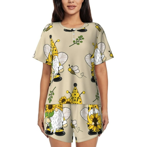 Picia Gnomes Bees And Sunflowers Pajamas Sets for Women Soft Short-Sleeved Pjs with Lounge Shorts Two Piece Sleepwear-4X-Large
