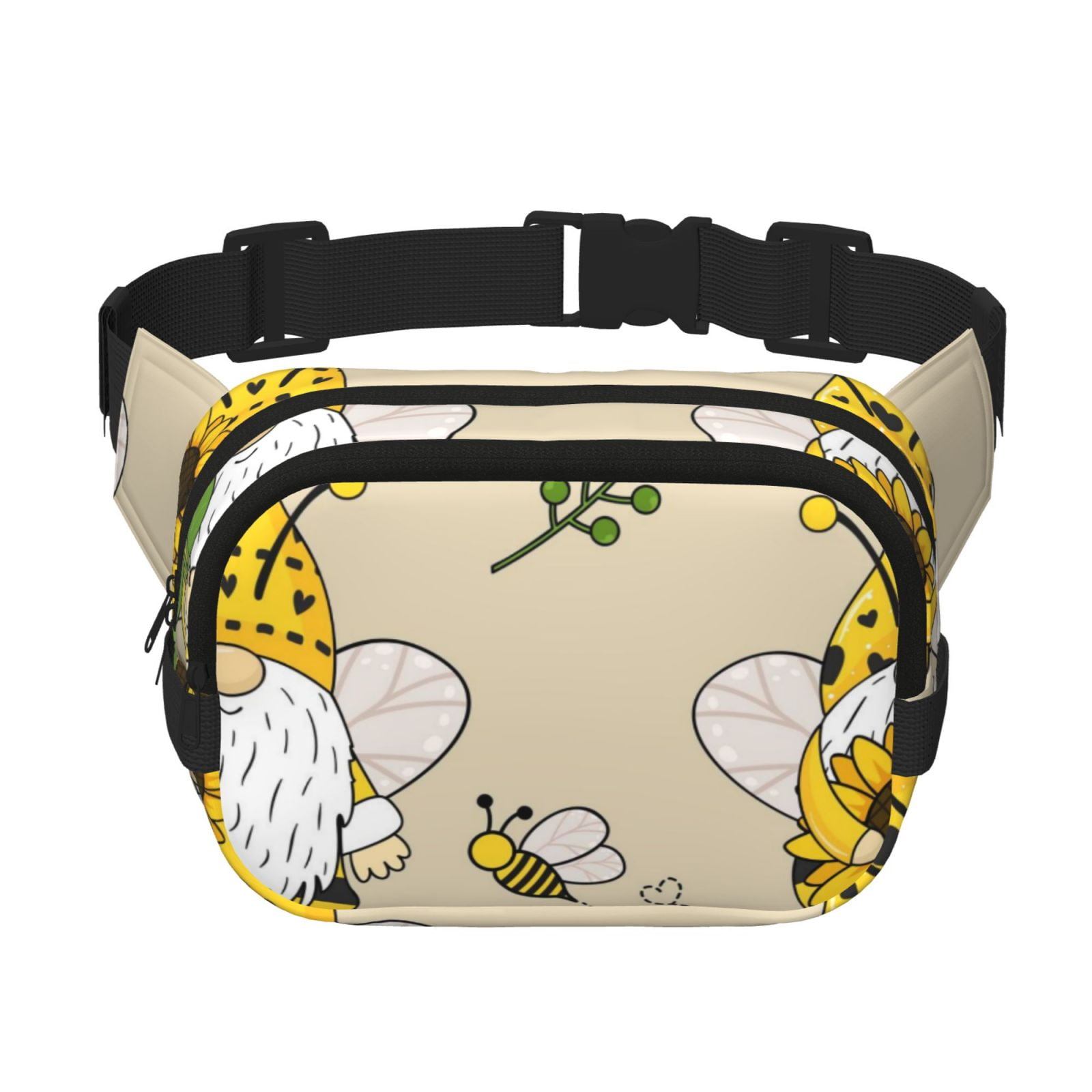 Picia Gnomes Bees And Sunflowers Print Square Double-Layer Waist Bag Mini Adjustable Waist Belt Bag Exercise Running Travel Hiking