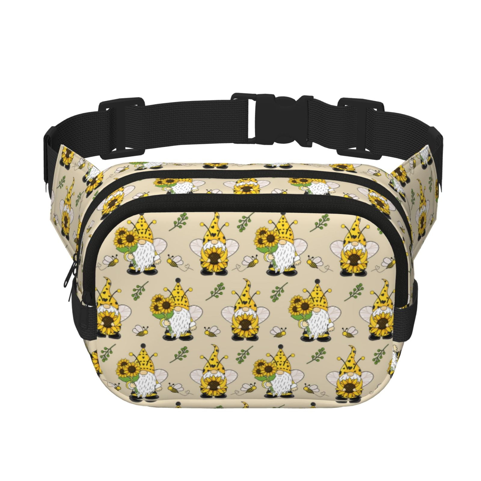 Picia Gnomes Bees And Sunflowers Print Square Double-Layer Waist Bag Mini Adjustable Waist Belt Bag Exercise Running Travel Hiking