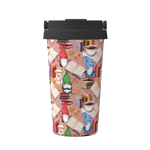 Picia Gnomes Books Tea Cups Pattern 500ml Carry Insulated Coffee Mug, Stainless Steel Travel Mug with Hidden Handle, Leak-Proof for Car, Office, Home, and Outdoor Use