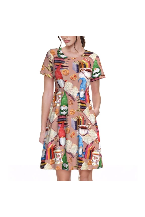 Gnomes Books Tea Cups Pattern Women's Short Sleeve Summer Dress Pleated Loose Swing Knee Length Short Sleeve Swing Dresses