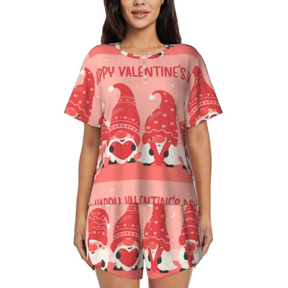 Picia Gnomes Hold The Letters LOVE Pajamas Sets for Women Soft Short-Sleeved Pjs with Lounge Shorts Two Piece Sleepwear-Large