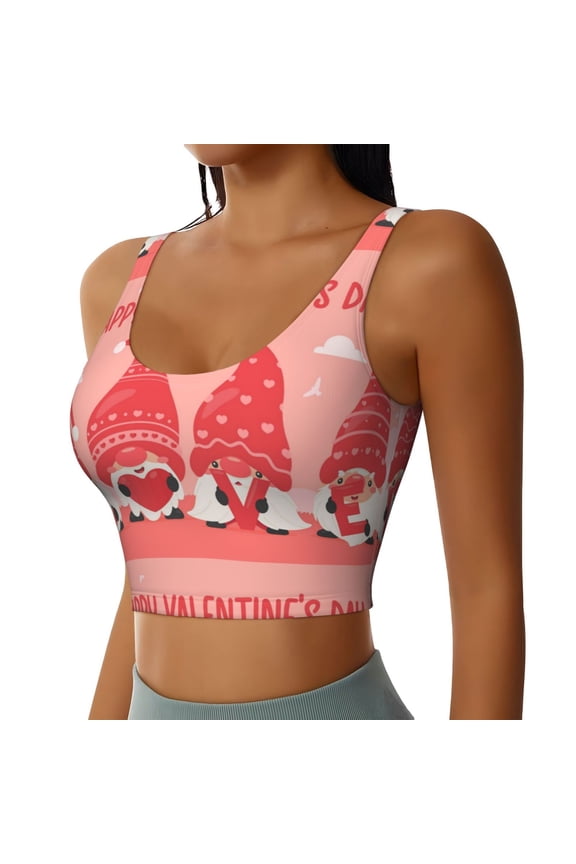Gnomes Hold The Letters LOVE Sports Bra for Women,Padded Strappy Sports Bras Medium Support Yoga Bra with Removable Cups,Running Yoga Bra-X-Large