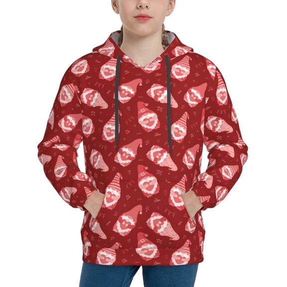Picia Gnomes Holding Hearts Pattern Youth Hoodie - Warm Pullover Sweatshirt with Kangaroo Pocket, Ideal for Boys and Girls-Medium