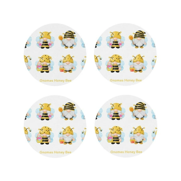 Picia Gnomes Honey Bee Printed Leather Coasters for Drinks, 4" Drink Coasters Set of 4 for Tabletop Protection, Handmade Luxurious Home Décor and Housewarming Gift -Round Shape