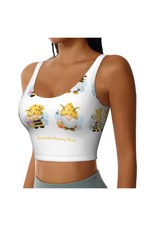 Gnomes Honey Bee Sports Bra for Women,Padded Strappy Sports Bras Medium Support Yoga Bra with Removable Cups,Running Yoga Bra-
