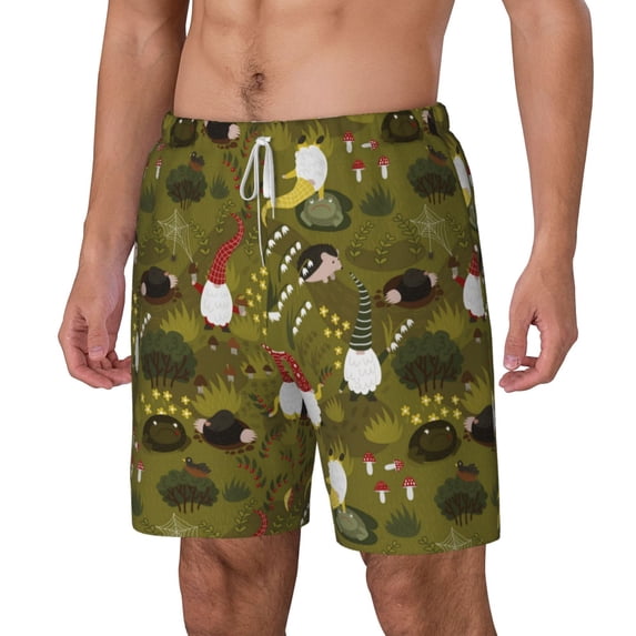 Picia Gnomes Playing in the Garden pattern Mens Swim Trunks with Compression Liner Stretch Beach Shorts Quick Dry with Zipper Pockets No-Chafing Board Shorts-XX-Large