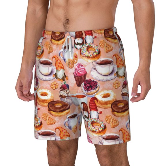Picia Gnomes With Coffee pattern Mens Swim Trunks with Compression Liner Stretch Beach Shorts Quick Dry with Zipper Pockets No-Chafing Board Shorts-XX-Large