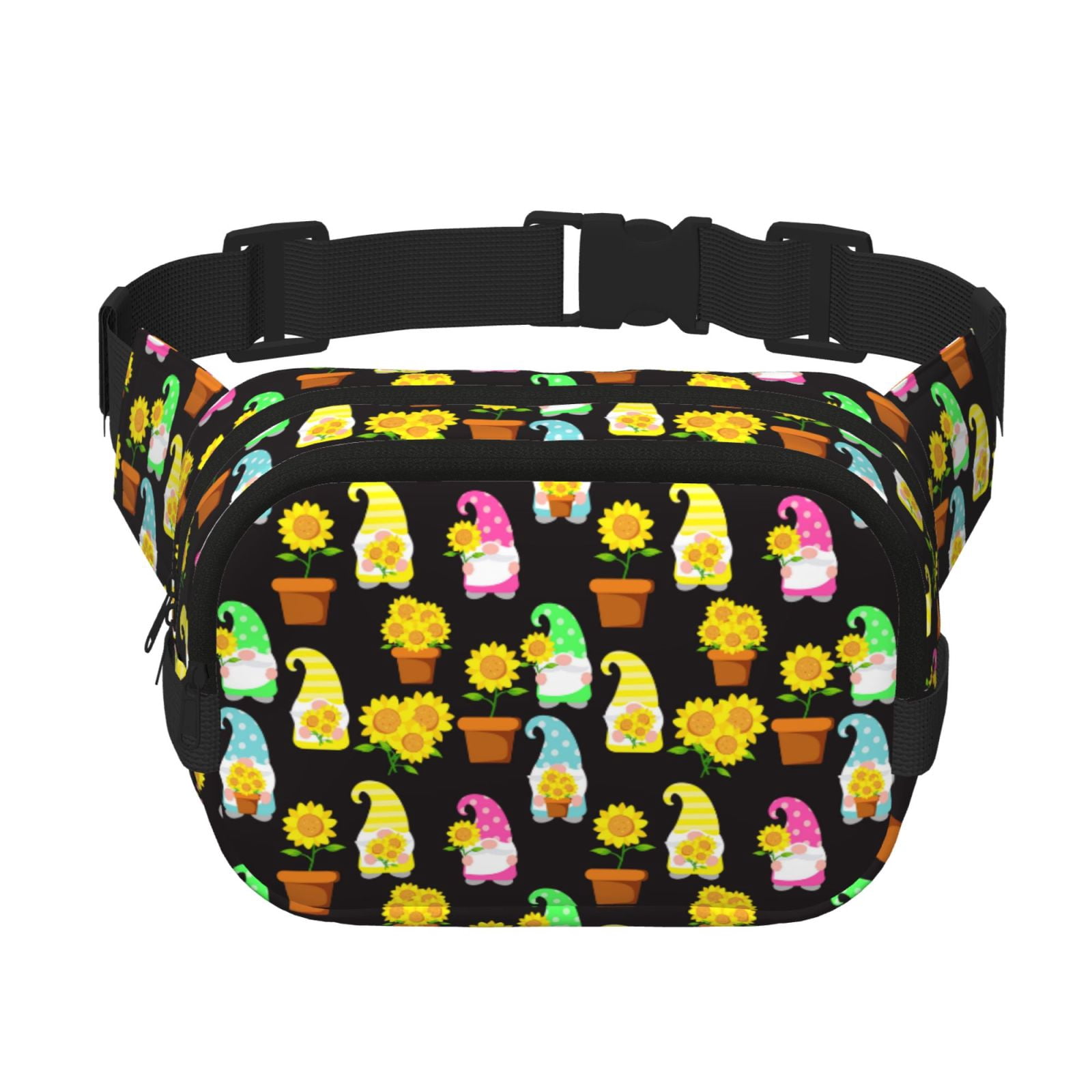 Picia Gnomes With Sunflowers Print Square Double-Layer Waist Bag Mini Adjustable Waist Belt Bag Exercise Running Travel Hiking