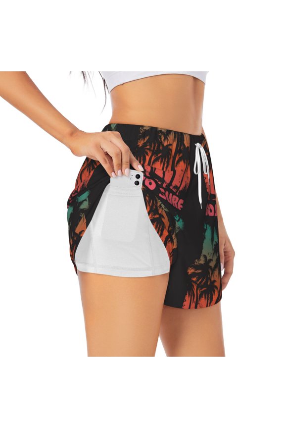 Go Surfer Pattern Women's 2 in 1 Athletic Running Shorts High Waisted Workout Casual Gym Sweat Shorts with Comfy Liner Zipper Pockets-Small