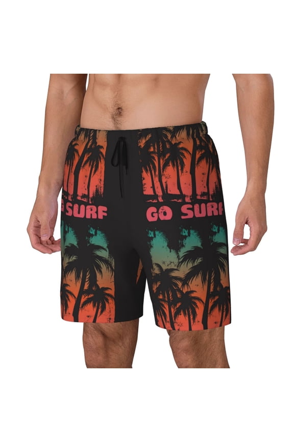 Go Surfer pattern Mens Swim Trunks with Compression Liner Stretch Beach Shorts Quick Dry with Zipper Pockets No-Chafing Board Shorts-Large