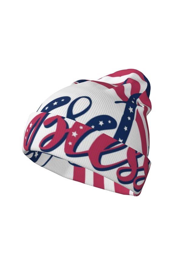 God Bless America Patriotic Star Pattern Knitted Beanie Hat for Men and Women , Unisex Winter Warm Stretchy Knit Cap Thick Fisherman Beanies Cuffed Plain Skull Caps