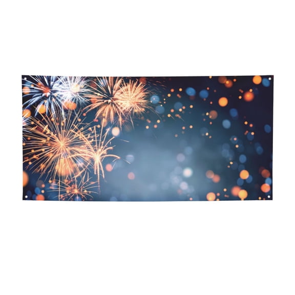 Picia Gold And Blue Fireworks Pattern Party Banner, Festive Decoration, Holiday Banner, Celebration Decor, Event Banner, Reusable Party Banner-Small